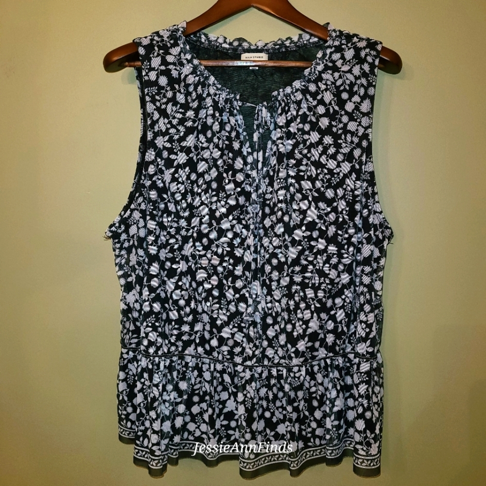 Max Studio Black White Floral Sleeveless Ruffle Tie V-neck Blouse Top Size 2X